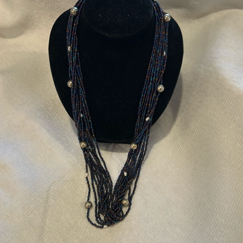 Navy blue, silver and pearl strung beaded necklace. Vintage, perfect condition.